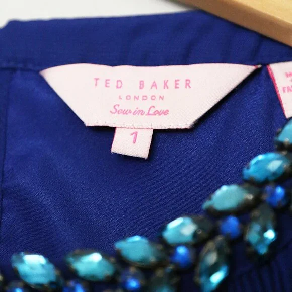 Ted Baker Lovina Jewel Embellished Accordion Pleated Blouse Cobalt Royal Blue 4 - Picture 9 of 16